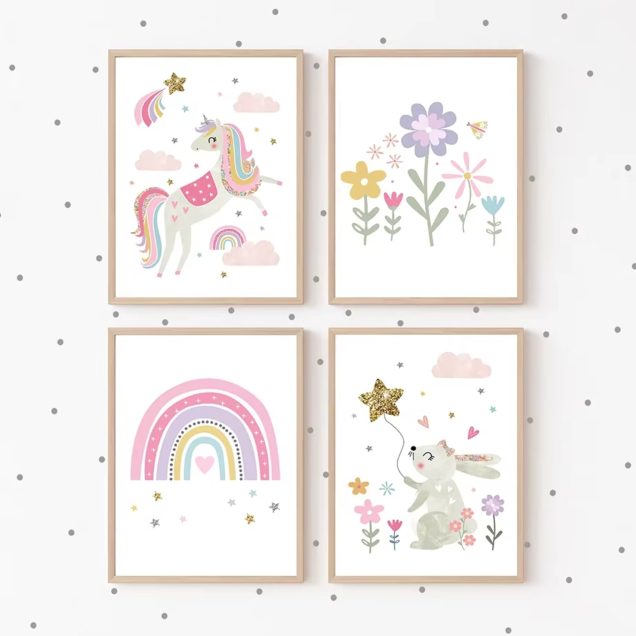 Baby Nursery Pink - Toile d'art mural licorne lapin arc-en-ciel