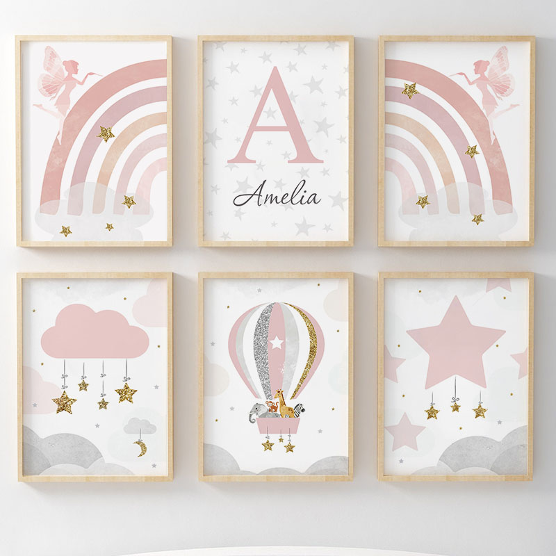 Baby Nursery Pink - Tableau mural Arc-en-ciel Fille Ange Rose,
