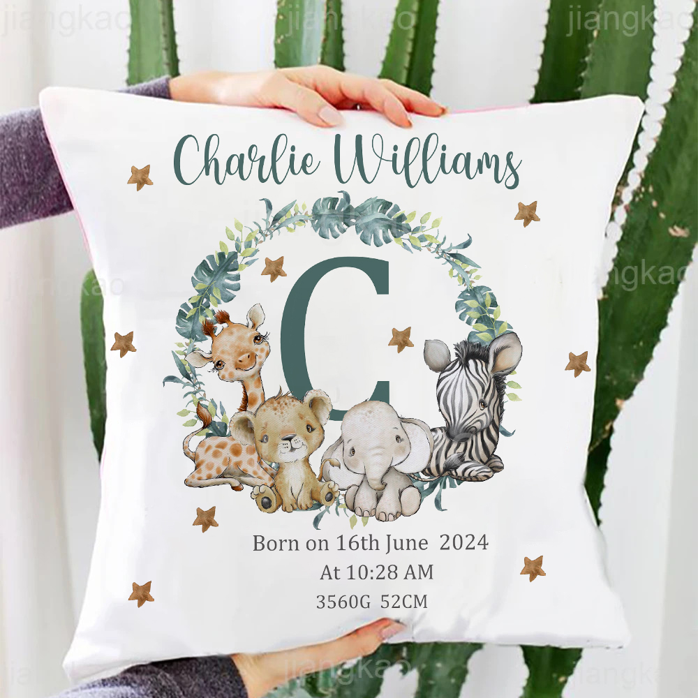 Baby Nursery Name Letters - Taie d'oreiller personnalisée avec Animal Safari