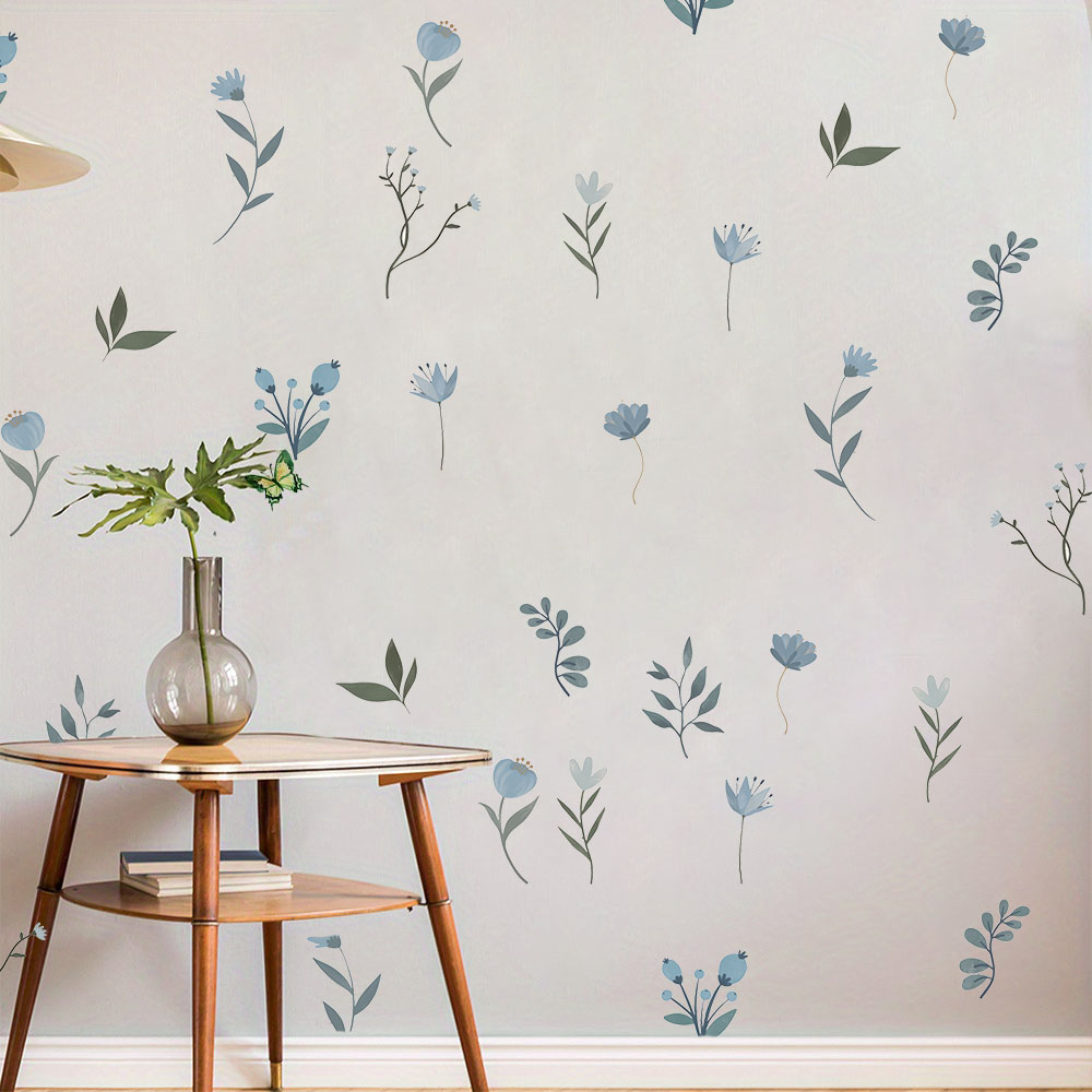 Baby Nursery Plants - Autocollants muraux de fleurs bleues, aquarelle
