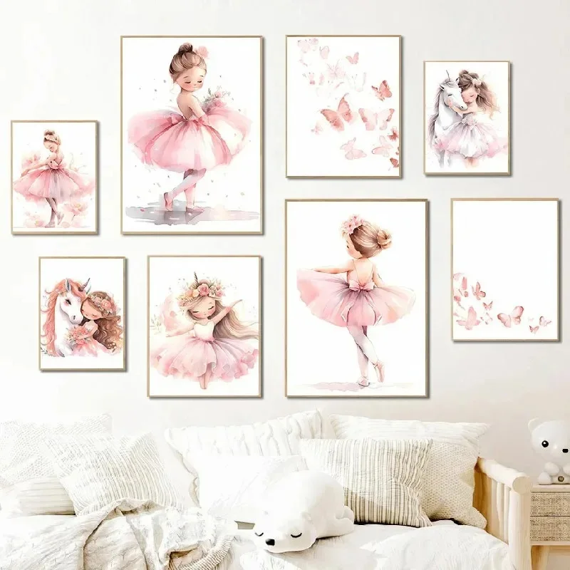 Baby Nursery Pink - Affiche de ballerine rose, licorne, papillon,