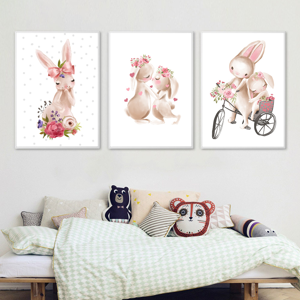 Baby Nursery Pink - Impression animalière lapin, affiche fleur rose,